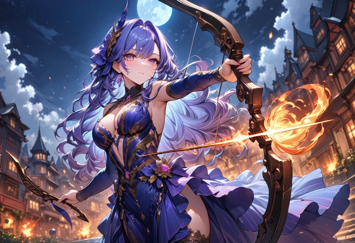 a picture of fire sorceress firing a flaming arrow from a magnificent epic bow, an (elite glamour beautiful: 1.2), fire sorceress, ultra detailed face,  perfect face, blue hair, long hair, wavy hair, wearing wild glamour dress, intricate dress, purple dress , with fire patterns on it, aiming an epic bow with a flaming arrow,  dynamic bow, sting drawn to the cheek , arrow ready to be shot, dynamic bow, sting drawn to the cheek , arrow ready to be shot, it is night, moon light, starry night, cloudy night,  high details, best quality, 16k, [ultra detailed], masterpiece, best quality, (extremely detailed), dynamic angle, full body shot, fantasy urban street at night bacground,  ,faize, firing and arrow, bow (weapon)