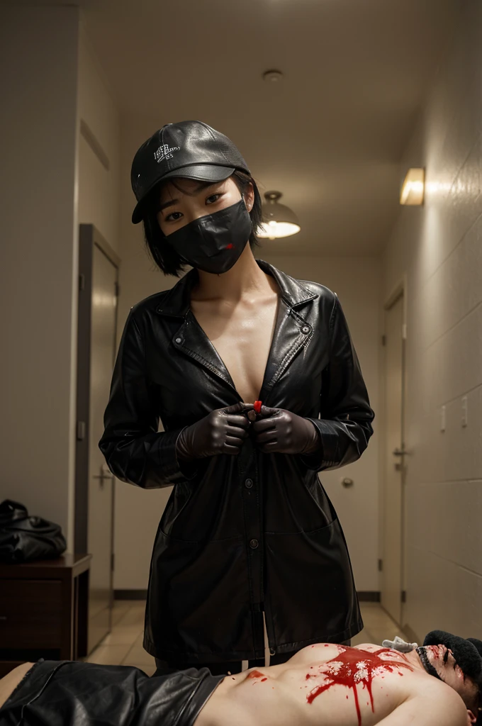 korean girl, (behind corpse, blood splatter), surgical mask, holding knife, stabbing, black raincoat, leather gloves, trucker hat, room full of blood, short hair, holding knife, leather gloves, behind corpse, night, mass murderer, robbery, in the hotel,