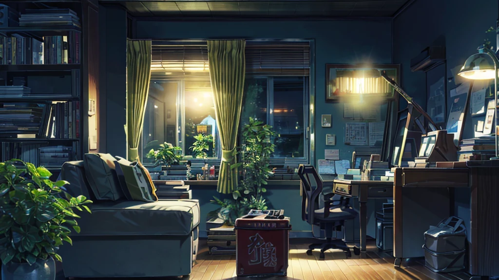 A stylish room with a bookshelf, sofa and desk、guitar, Foliage plant、night、moonlight、shinkai makoto