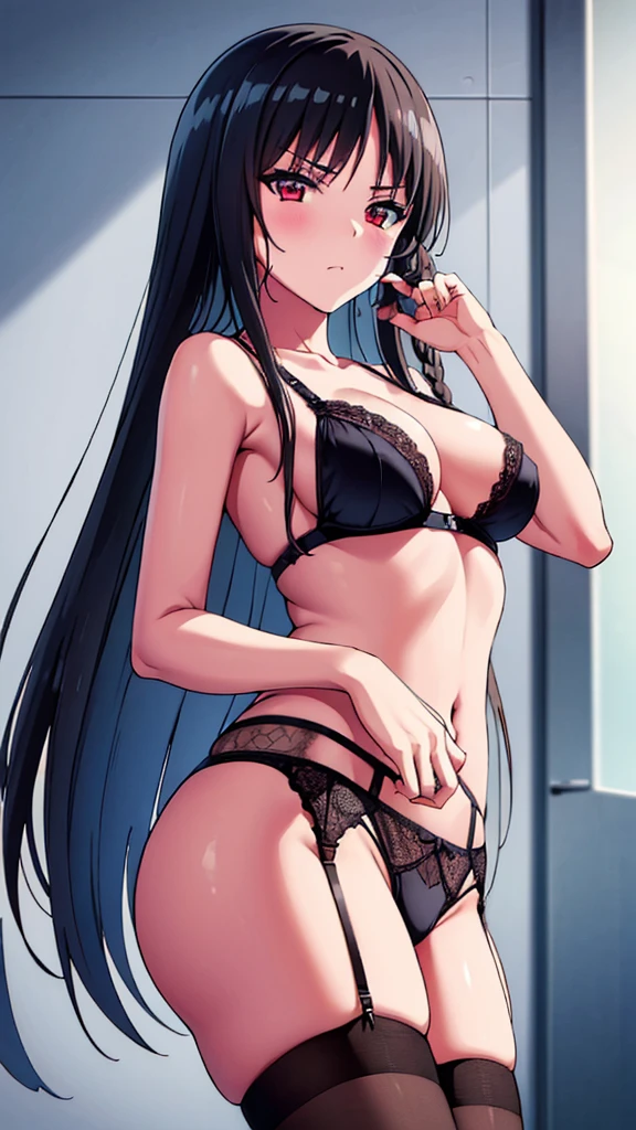 (masterpiece:1.3), (best quality:1.2)(8k, ultra detailed, ultra high res:1.3), ((anime style)), perfect 5 fingers, perfect ???????,
1girl,
BREAK long hair, braid, black hair, 
(red eyes:1.2), slant eyes, small eyes, 
BREAK ??????????????, pink lingerie,lace-trimmed bra, (garter belt:1.3), thighhighs, cleavage, side-tie panties,(special occasion ????? panties:1.3), ,armpits,from below,
BREAK blush, looking at viewer, cowboy shot, indoor, 