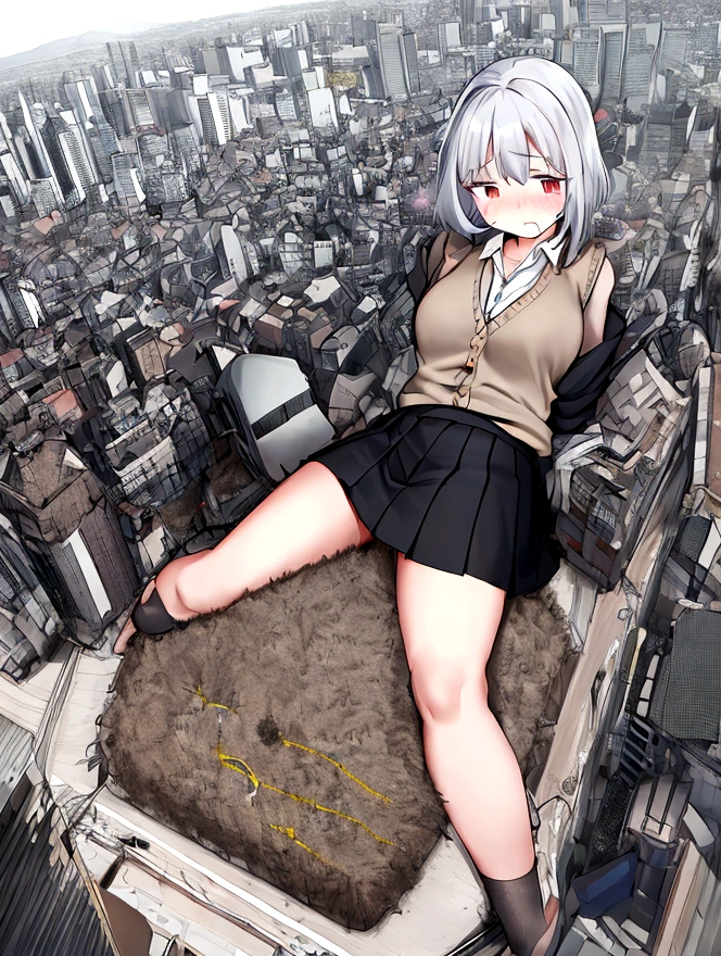 Giantessによって破壊される街、The city is in panic、Giantess girl、Destroyed urban area、Low - Angle、walk、Highest quality、perfection、Beautiful woman、young、、Bob Hair、Grey vest、White short sleeve shirt、Black Skirt、summer、blush、Troubled face、in trouble、Sunset、Beautiful scenery、Famous actress、model、Japanese、Sexy posing、giantess、Giantess、Destroyed urban area、explosion、fire、walk、Dark Imagery、A hopeless view、Realistic Cities、Realistic buildings