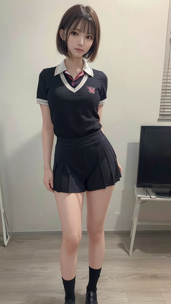 (RAW photo, highest quality, masterpiece: 1.2), (photo: 1.4), whole body, shoes, cute Japanese face, ((12 years old)), (((super duper gigantic)) chest,) long straight black hair, (uniform, Short sleeves, open button, super short plaid skirt, miniskirt, thicc thighs, slender legs, white socks, school loafers), standing pose, full body shot, line of sight (smile)