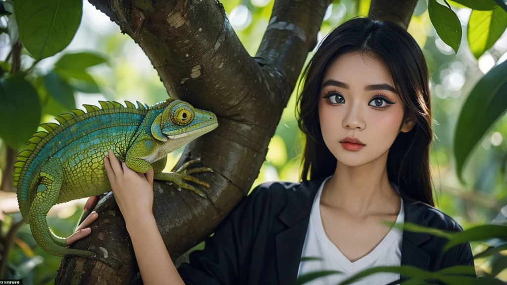 A girl with chameleon-style makeup posing gracefully、It blends in perfectly with the rich texture of Borneo's lush jungle.。, Demonstrate her uncanny ability to adapt to her surroundings. image, Resembles a museum-quality masterpiece, Vibrant colors and intricate details come to life. Every detail is carefully crafted, From the girl's enchanting chameleon-like skin, Perfectly blended with a variety of foliage, Her slender, Agile limbs, Relax on a tree branch々It is stuck at
