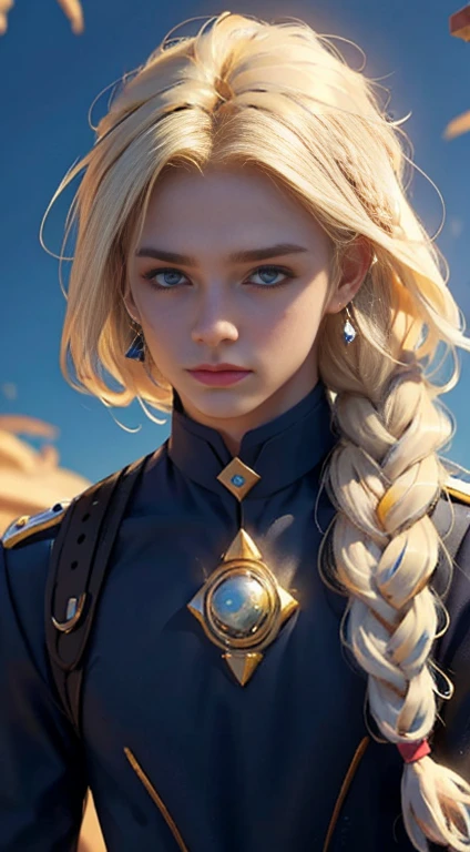 18 year old male, Yolk blonde hair with a braid, petroleum blue eyes, mole on the corner of the nose, wears magic academy uniform, High definition image, better quality of work, pixel richness