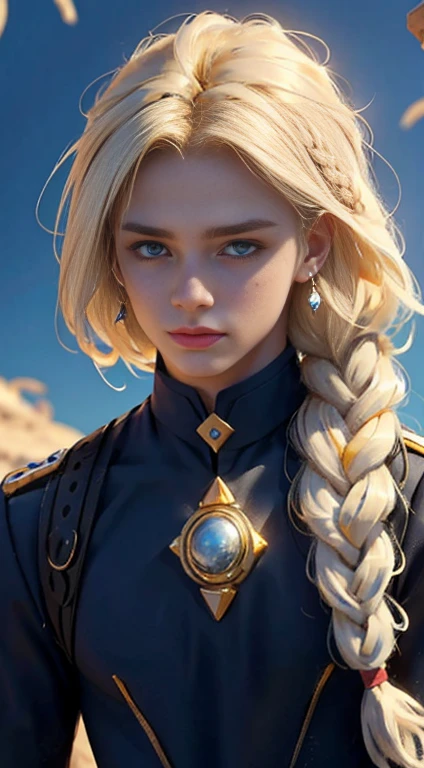 18 year old male, Yolk blonde hair with a braid, petroleum blue eyes, mole on the corner of the nose, wears magic academy uniform, High definition image, better quality of work, pixel richness