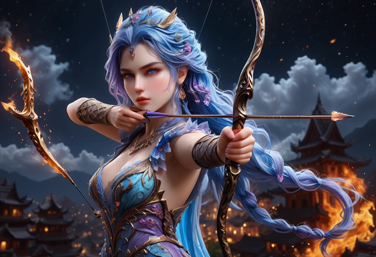 a picture of fire sorceress firing a flaming arrow from a magnificent epic bow, an (elite glamour beautiful: 1.2), fire sorceress, ultra detailed face,  perfect face, blue hair, long hair, wavy hair, wearing wild glamour dress, intricate dress, purple dress , with fire patterns on it, aiming an epic bow with a flaming arrow,  dynamic bow, sting drawn to the cheek , arrow ready to be shot, dynamic bow, sting drawn to the cheek , arrow ready to be shot, it is night, moon light, starry night, cloudy night,  high details, best quality, 16k, [ultra detailed], masterpiece, best quality, (extremely detailed), dynamic angle, full body shot, fantasy urban street at night bacground,  ,faize, firing and arrow, bow (weapon)