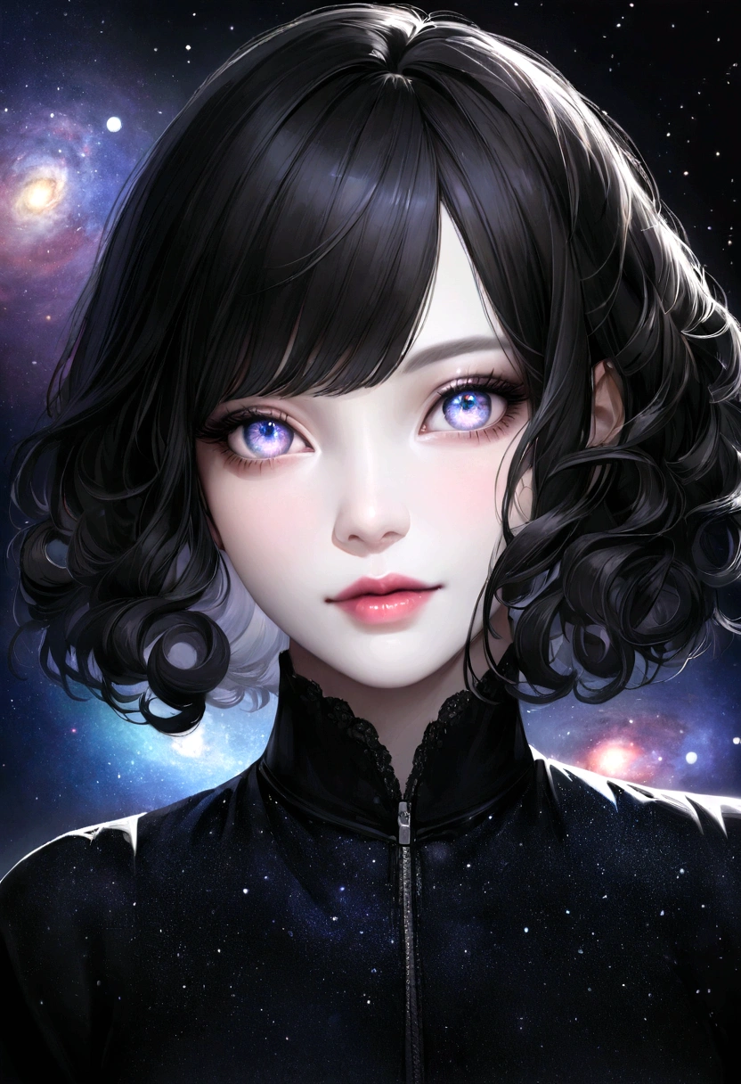 Create a captivating digital portrait of a woman, beautiful girl with black Asian hair, medium bob haircut, curly hair, pale skin, very realistic. high detailed eyes, high quality picture. space, galaxy, universe. she should be wearing an official wear and decent
