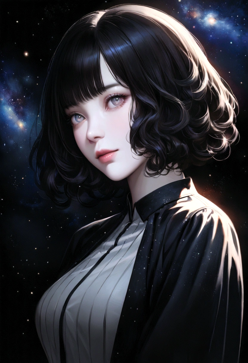Create a captivating digital portrait of a woman, beautiful girl with black Asian hair, medium bob haircut, curly hair, pale skin, very realistic. high detailed eyes, high quality picture. space, galaxy, universe. she should be wearing an official wear and decent