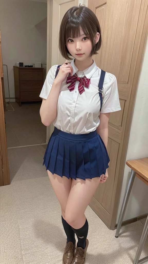 seifuku cosplay,Uniform Cosplay Short Hair,Arms back,frontボディ, front, Slender body,Are standing ,(8K, RAW Photos, Highest quality, masterpiece:1.2), (Realistic, photo-Realistic:1.37), Very detailed,(Detailed beautiful girl:1.4),1 Girl, Full Body Shot,