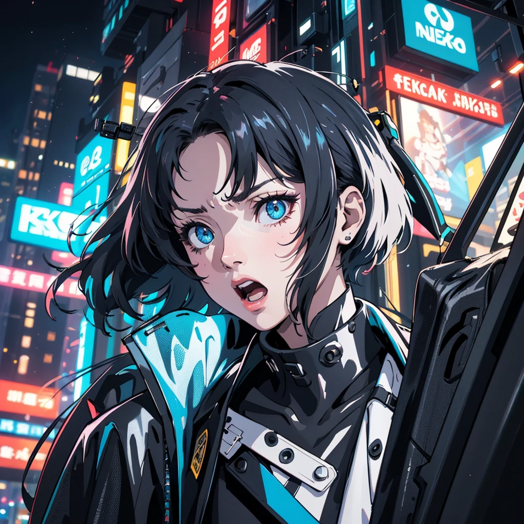 (Better Quality, masterpiece) | Detailed and narrow eyes、woman、１people、Screaming、Bust-up angle、Aggressive gaze、cyberpunk style clothing、Rock Style、Exciting、Darkness and fluorescent light lines、Shibuya in the near future、finely、masterpiece、Fine details、delicate、Bold、high resolution、８K、beautiful