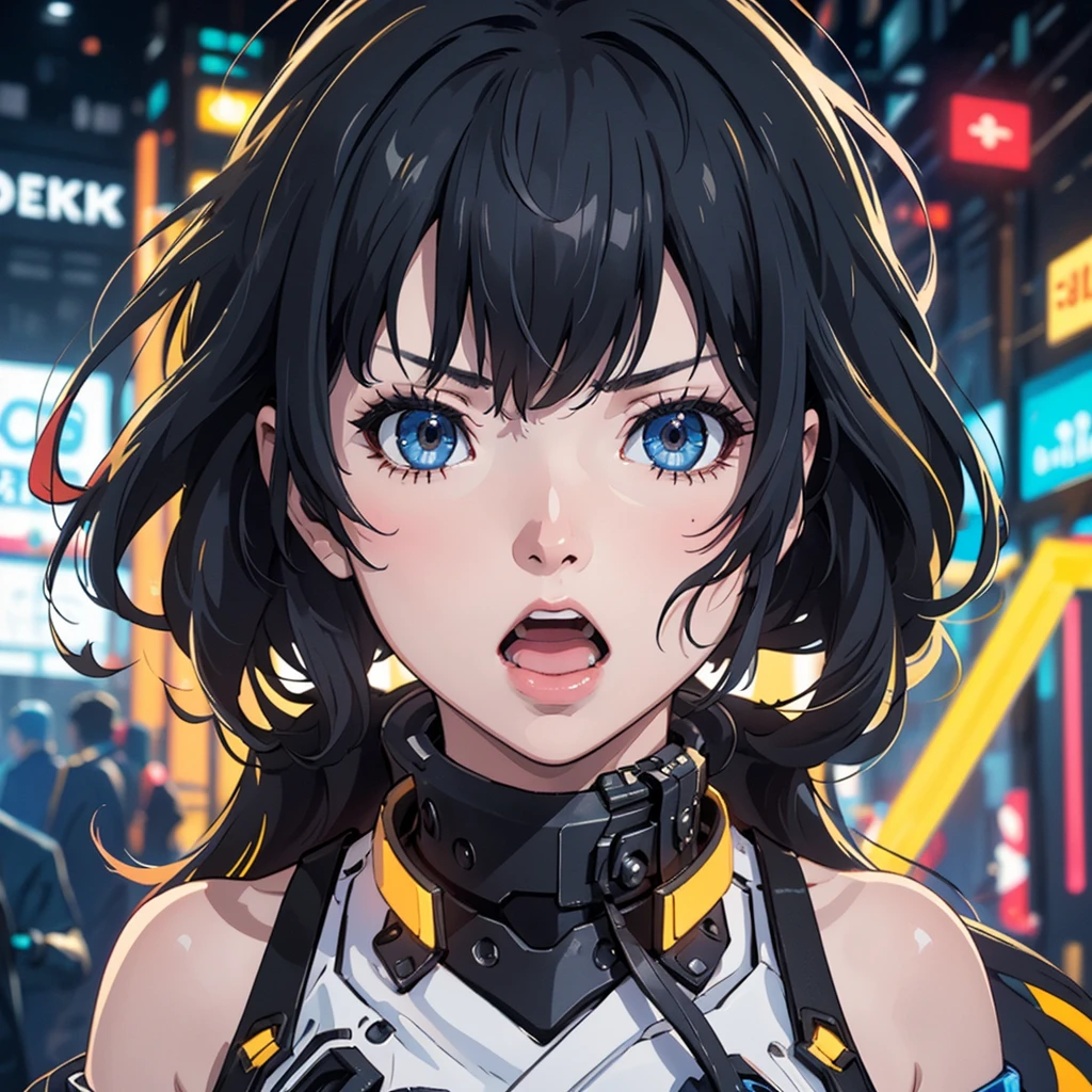 (Better Quality, masterpiece) | Detailed and narrow eyes、woman、１people、Screaming、Bust-up angle、Aggressive gaze、cyberpunk style clothing、Rock Style、Exciting、Darkness and fluorescent light lines、Shibuya in the near future、finely、masterpiece、Fine details、delicate、Bold、high resolution、８K、beautiful