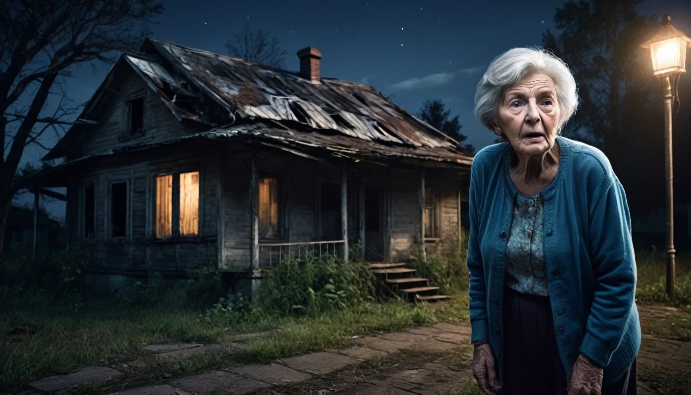 An image of a scared elderly woman in front of an old abandoned house at night,  PICTURE REALISTIC, high resolution 8k 