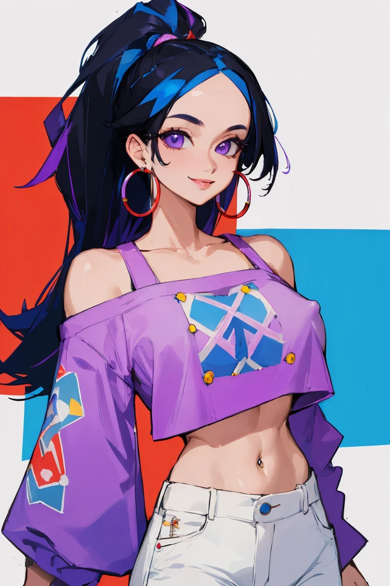 ((Highest quality)), ((masterpiece)), (be familiar with),woman, Black Hair, Blue Hair, Two-tone hair, Uterus tattoo, Purple Shirt,Crop top, Off the shoulder, White pants, Hoop Earrings, smile,Erect nipples