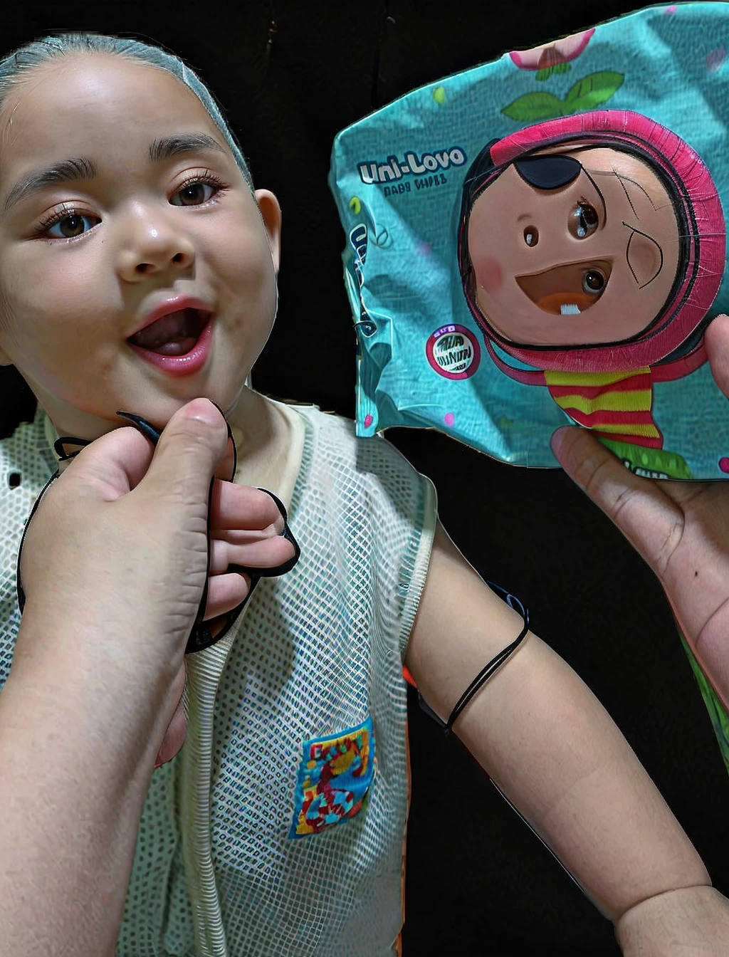 SFW: Little girl ponytails (big breast) using a kindergartens backpack wearing girl scout uniform, on bedroom, happy face, open mouth, clean face, looking to the viewer.