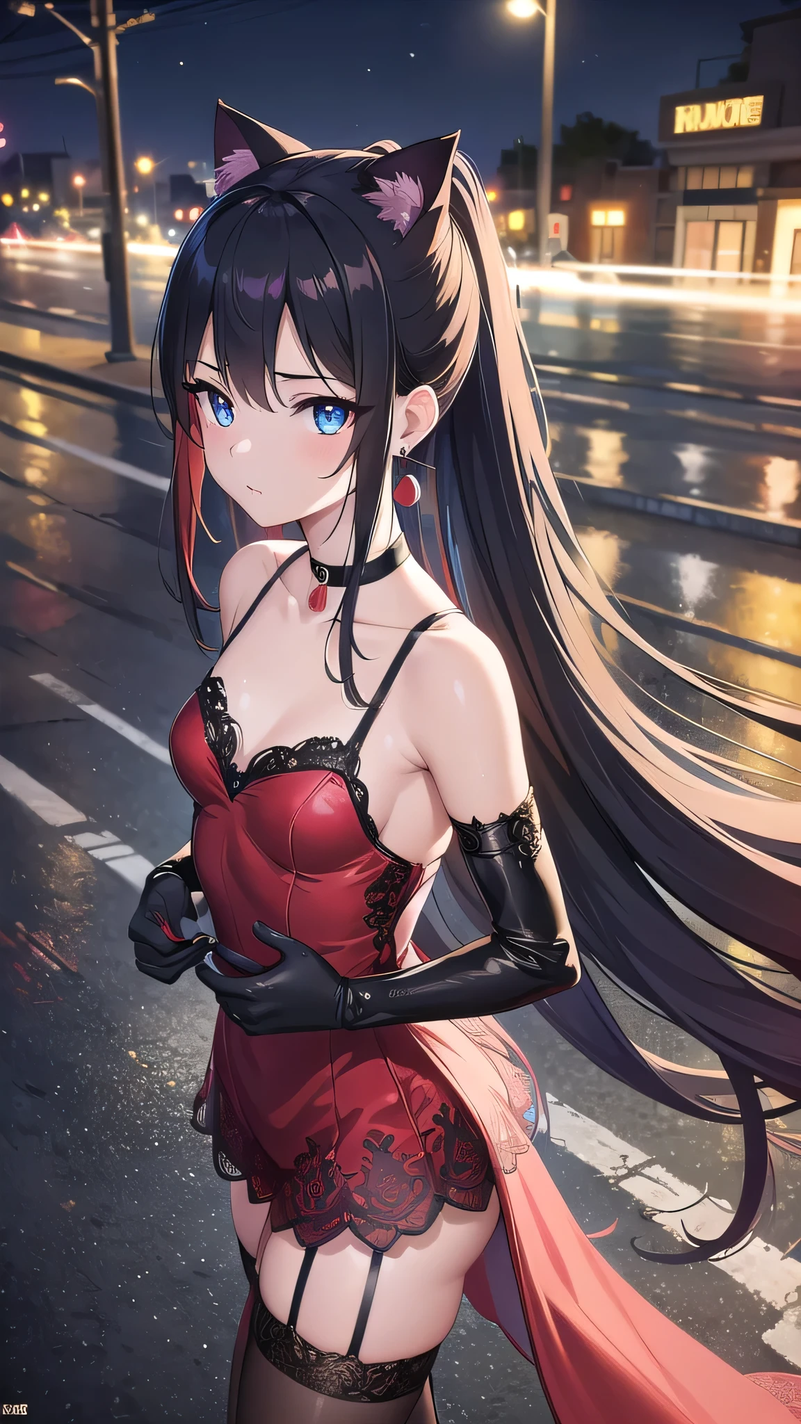 Masterpiece, top quality, best quality, official art, beautiful and aesthetic, anime, 1girl,extremely detailed, colorful, more detailed ((ultra-detailed)), (highly detailed CG illustration),Best Quality, High resolution, Unity 8k Wallpaper, (Illustration:0.8), (Beautiful detailed eyes:1.6), extra detailed face, Perfect Lighting, extremely details CG, (Perfect hands, Perfect Anatomy),city,street,night,wet road,reflections,lights,red long hair, cat ears,ponytail,blue eyes, barrette,black choker,earrings,skinny fit,small breast,lace gloves,shoulders, small ass,red dress,cleavege,stockings, in center,staying front to camera, from above,upper body shot.