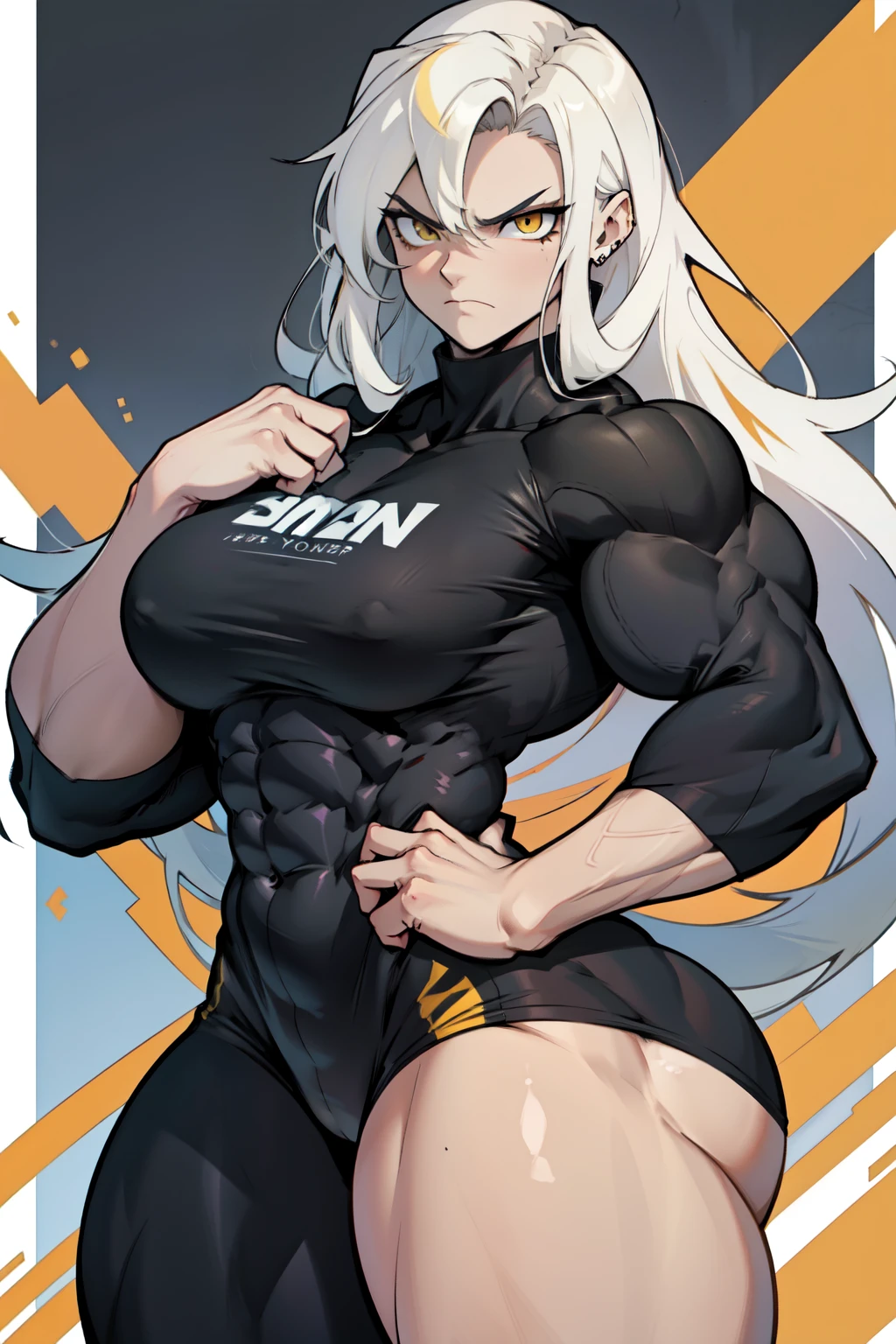 pale skin very long hair 1 girl black hair yellow eyes angry ((1 girl muscular toned body)) bodybuilder curvy wide hips thick thighs tight shirt huge 