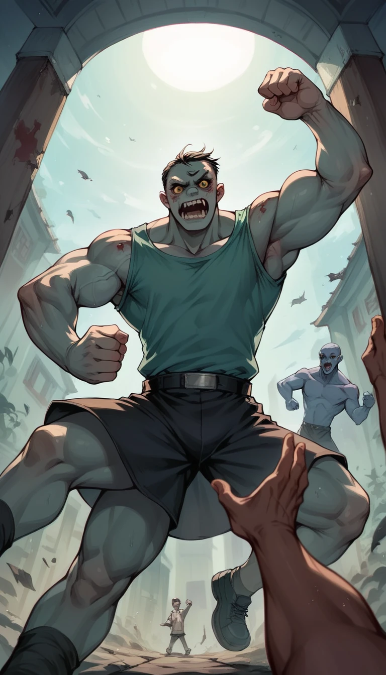 chinese zombie, standing with arms raised, pov, attack against zombie, hand punching