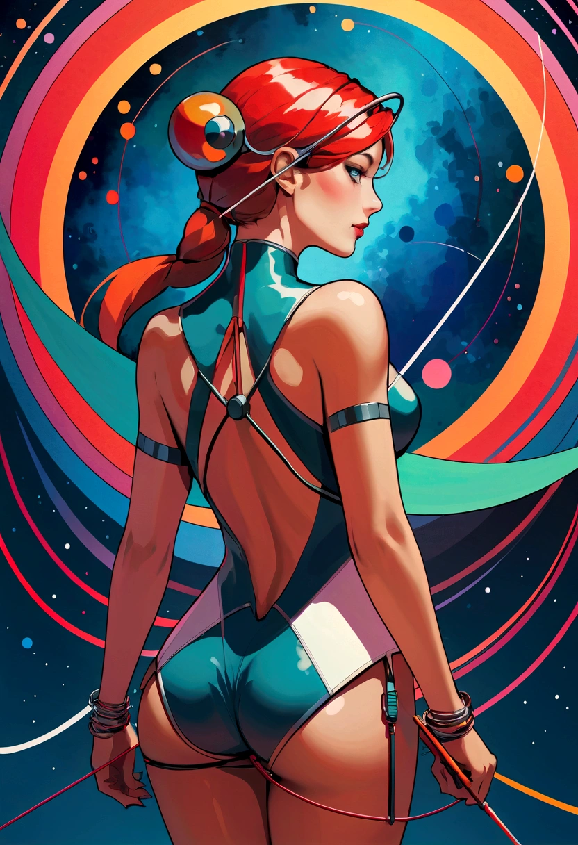 best quality, masterpiece, high resolution, 1 Archer Girl, (Rear view),Space Thriller Poster, Bauhaus, shape, Wire, Abstract,