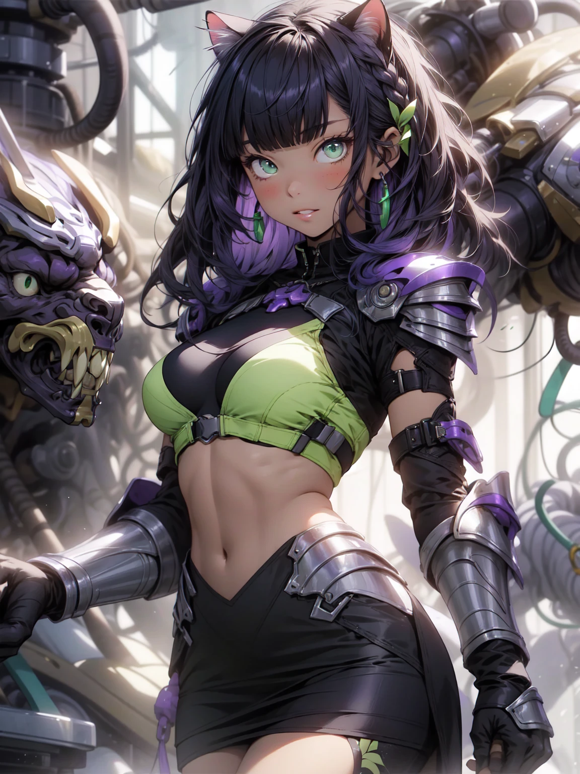 Be realistic,(masterpiece,Highest quality,Highest quality,Very detailed,Fractal Art,Most detailed,(Abstract background:1.5)(1 Girl),Kamimei,(紫色のLong Hair),(Cat ear, puppet, Green Eyes, Pale skin, Purple Hair, Long Hair, Blunt bangs, Braiding,Big Breasts、Toned Abs,Stunned)、crystallization,Purple Bikini、sexy、Purple Machine Armor、Sunburned skin、(Black pencil skirt)、Kiva