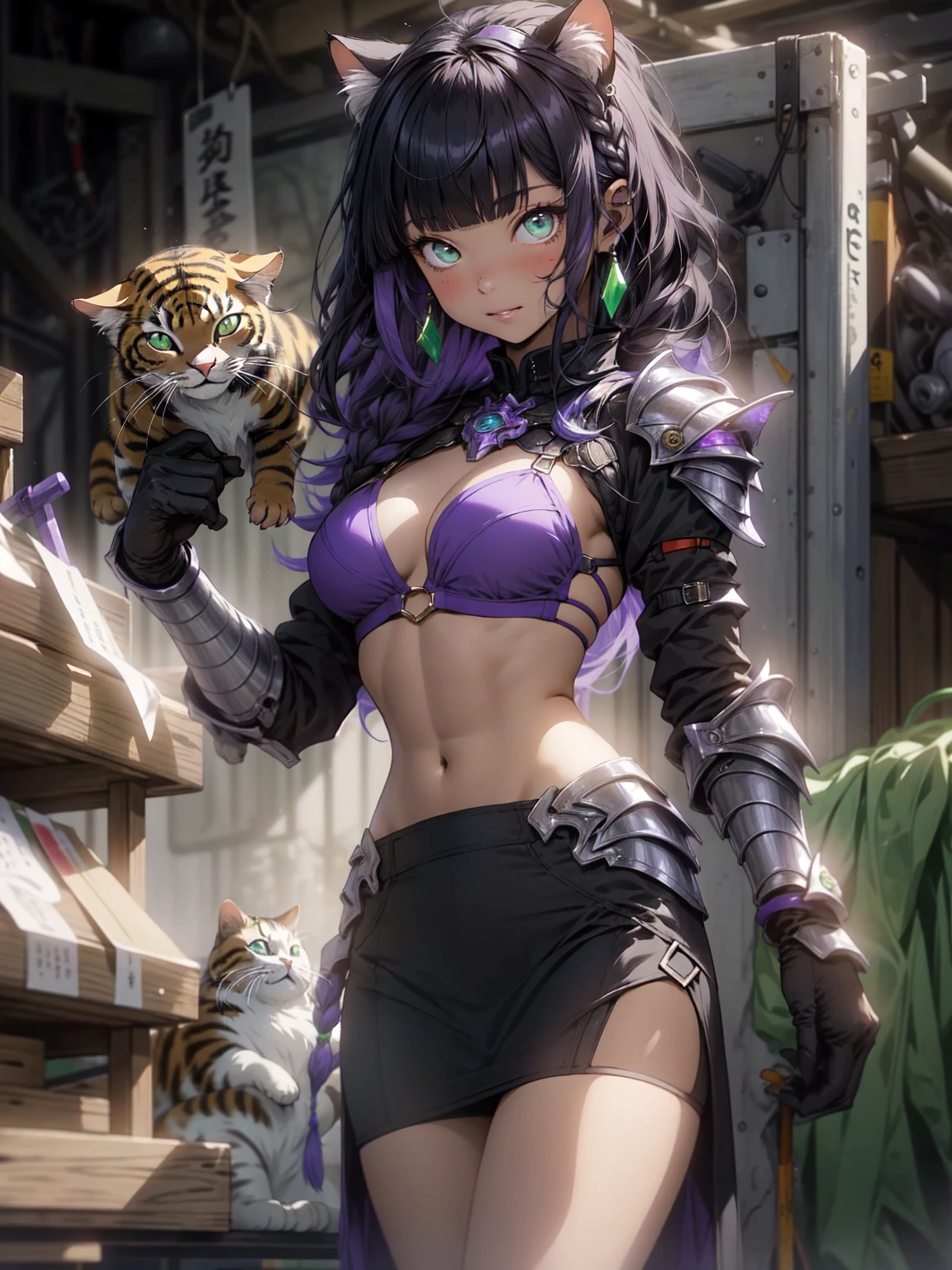 Be realistic，（masterpiece，Highest quality，Highest quality，Very detailed，Fractal Art，Most detailed，（Abstract background：1.5）（1 Girl），Kamimei，（紫色のLong Hair），（Cat ear, puppet, Green Eyes, Pale skin, Purple Hair, Long Hair, Blunt bangs, Braiding,Big Breasts、Toned Abs，Stunned)、crystallization，Purple Bikini、sexy、Purple Machine Armor、Sunburned skin、(Black pencil skirt)、Kiva