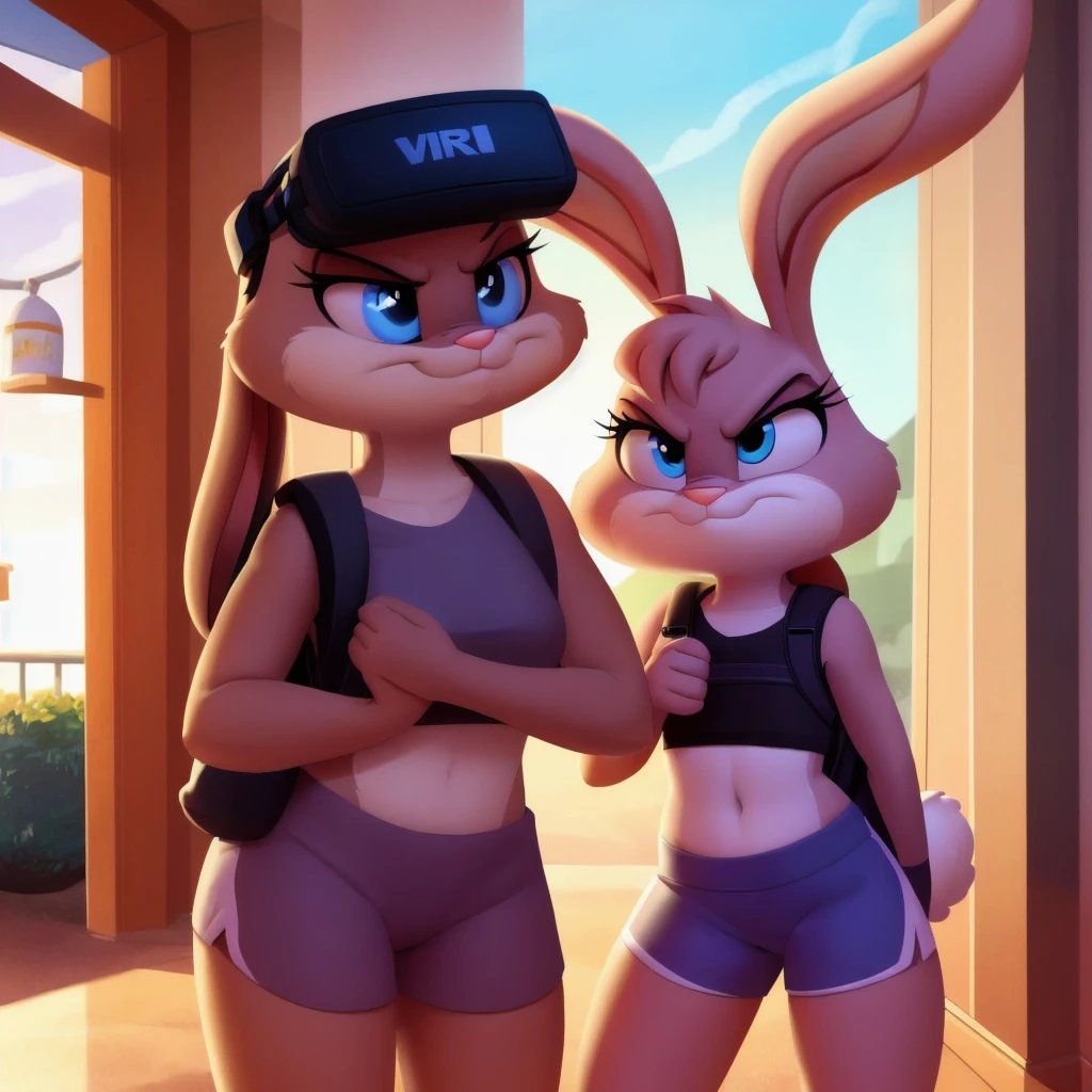 concept art duo, one facing forward, one facing left, cute, Hopps, Babs, Cream, bunny, girl, blue eyes, ears drooping, lop-eared, VR headset as a backpack, standing, gym shorts, crop top, angry, morning, disheveled masterpiece, detailed, NSFW, e621, detailed background, 8k, 4k . digital artwork, illustrative, painterly, matte painting, highly detailed