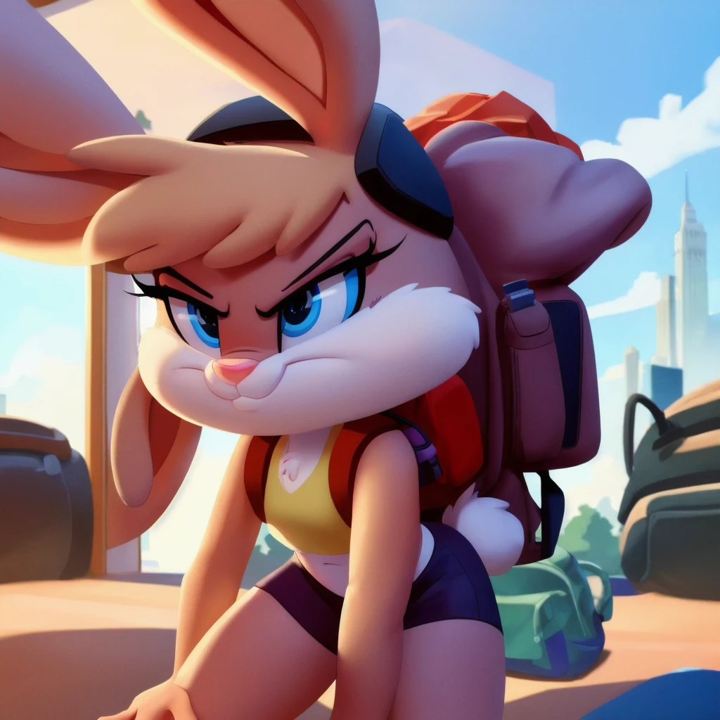 concept art duo, one facing forward, one facing left, cute, Hopps, Babs, Cream, bunny, girl, blue eyes, ears drooping, lop-eared, VR headset as a backpack, standing, gym shorts, crop top, angry, morning, disheveled masterpiece, detailed, NSFW, e621, detailed background, 8k, 4k . digital artwork, illustrative, painterly, matte painting, highly detailed