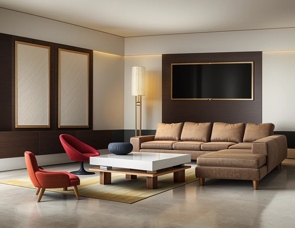 Living room design in Indochina style, daylight, ceramic tile floor, TƯỜNG TRẮNG, 1 CỬA SỔ KÍNH CÓ 2 CÁNH 1.5, 1 POSTER TREO TRÊN TƯỜNG, 1 sofa set, 1 table, 1 velvet carpet, white painted ceiling, 1 wall painting, 1 pillar lamp, 2 chairs menu, sharp images, realistic lighting, luxurious feel, extremely detailed