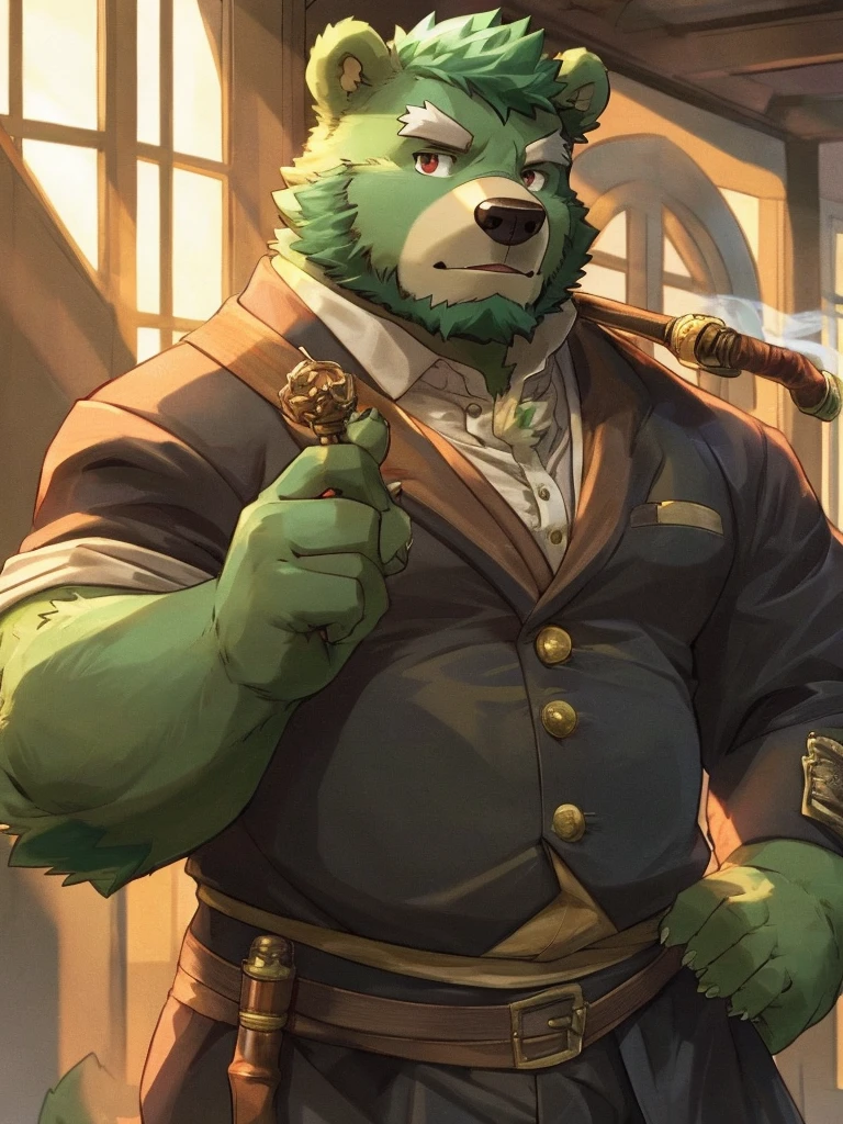 bara, furry, furry_male,male focus, solo, muscular male,  (((green bear))), (((green fur))), green hair, red eyes, beard, white eyebrows, sherlock holmes costume, smoke a pipe, detective costume,