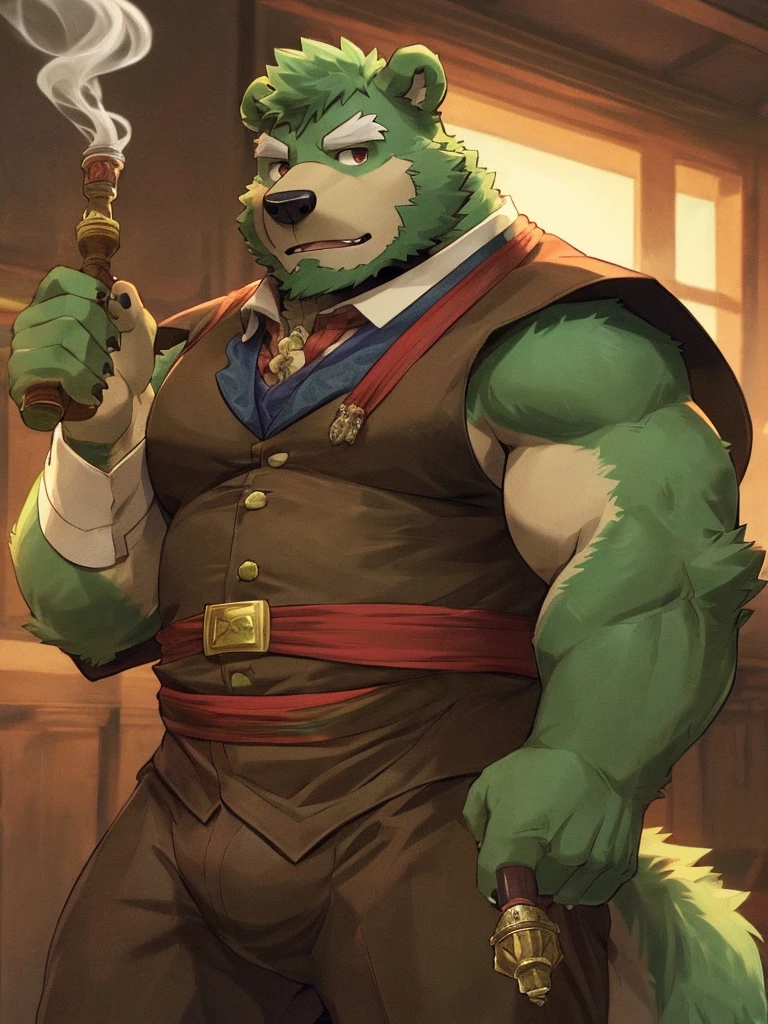 bara, furry, furry_male,male focus, solo, muscular male, (((green bear))), (((green fur))), green hair, red eyes, beard, white eyebrows, sherlock holmes costume, smoke a pipe, detective costume,