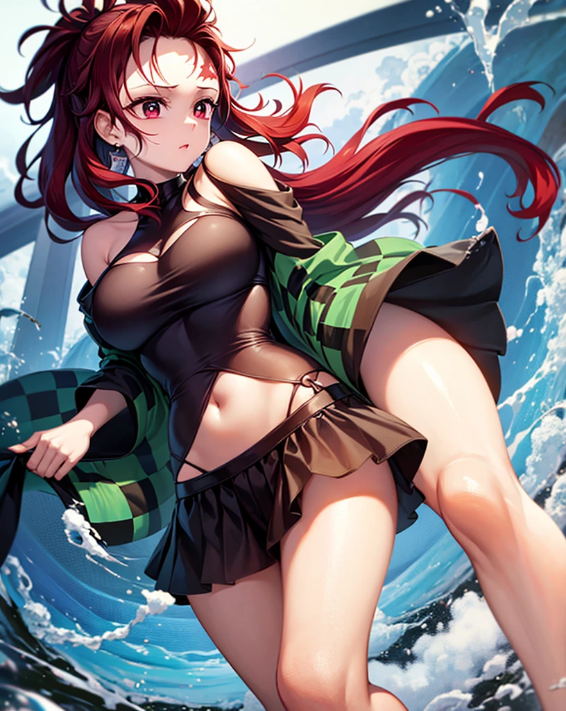 (masterpiece), best quality, expressive eyes, perfect face, highres, (female1.5), 1 girl, solo,(Tanjiro), (OriginalOutfit), (Scar,Scar on forehead, Checkered Clothes, 1Girl, Red Hair), (long red hair),(black and green plaid coat),(black pants), forest background, standing, upper body portrait, looking at the viewer, fully covered cloths