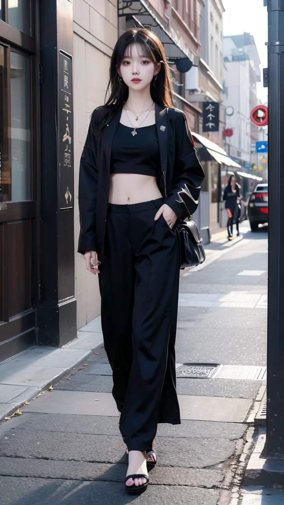 Beautiful Chinese girl wearing a black robe jacket wearing a black shirt and black trousers wearing sandals and a black chopper necklace, showing off her slim stomach, black hair, photo in the city (masterpiece) 8k