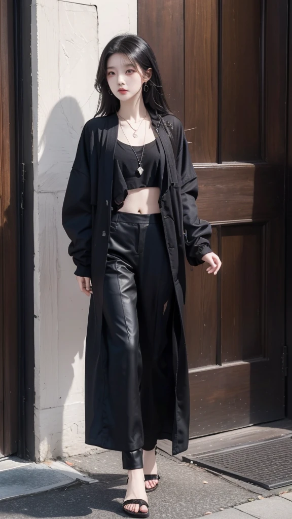 Beautiful Chinese girl wearing a black robe jacket wearing a black shirt and black trousers wearing sandals and a black chopper necklace, showing off her slim stomach, black hair, photo in the city (masterpiece) 8k