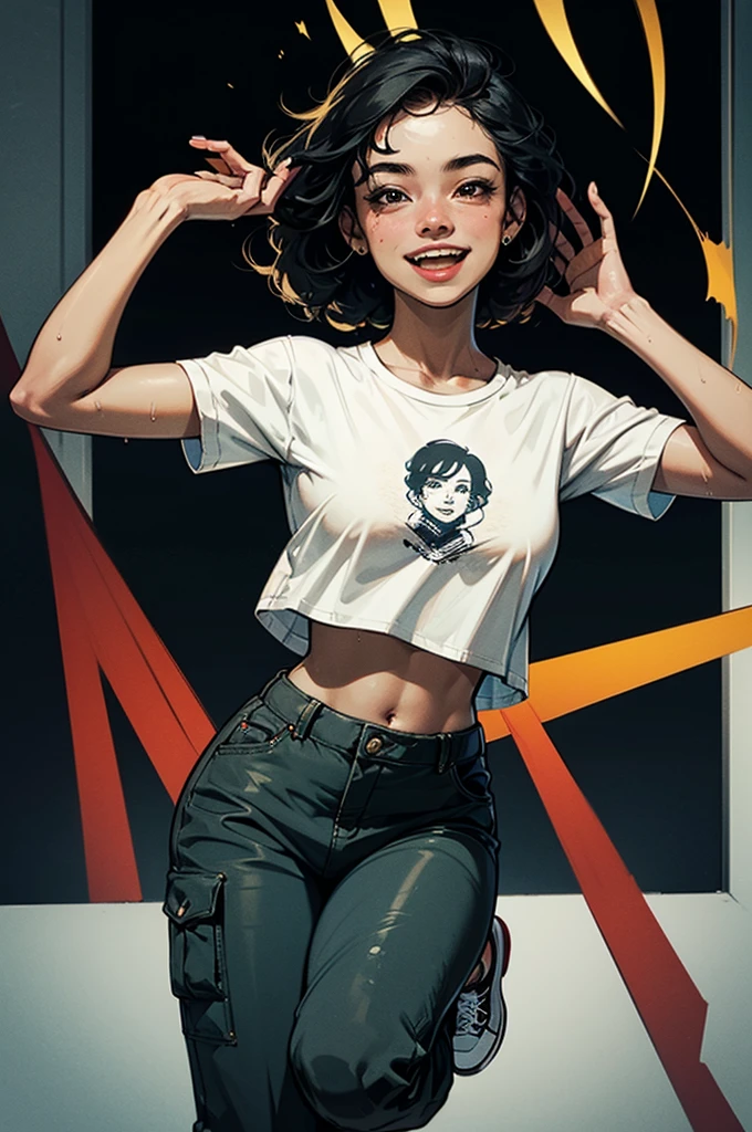 Poster, pop art style, simple colors, dancing, jumping art, break dancing, intense movement. vitality Wet dance stage, solo, hair fluttering, cute  girl, smiling brightly, mouth half open (black hair, short wavy hair), (cropped cargo pants, white t-shirt, platform sneakers), (detailed fingers Delicate, fine body, fine arms, human hands, (beautiful detailed face), dynamic posture, whistle