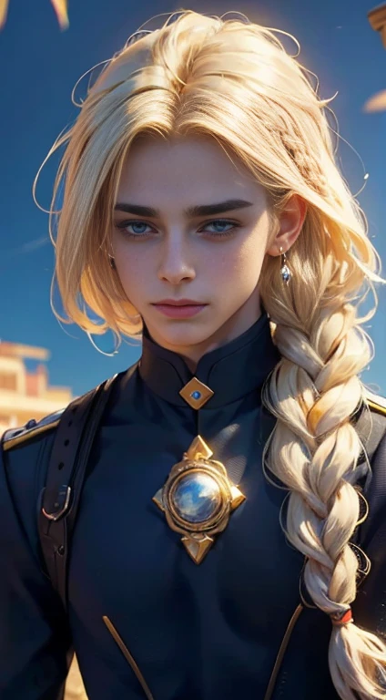 18 year old male, Yolk blonde hair with a braid, petroleum blue eyes, mole on the corner of the nose, wears magic academy uniform, High definition image, better quality of work, pixel richness