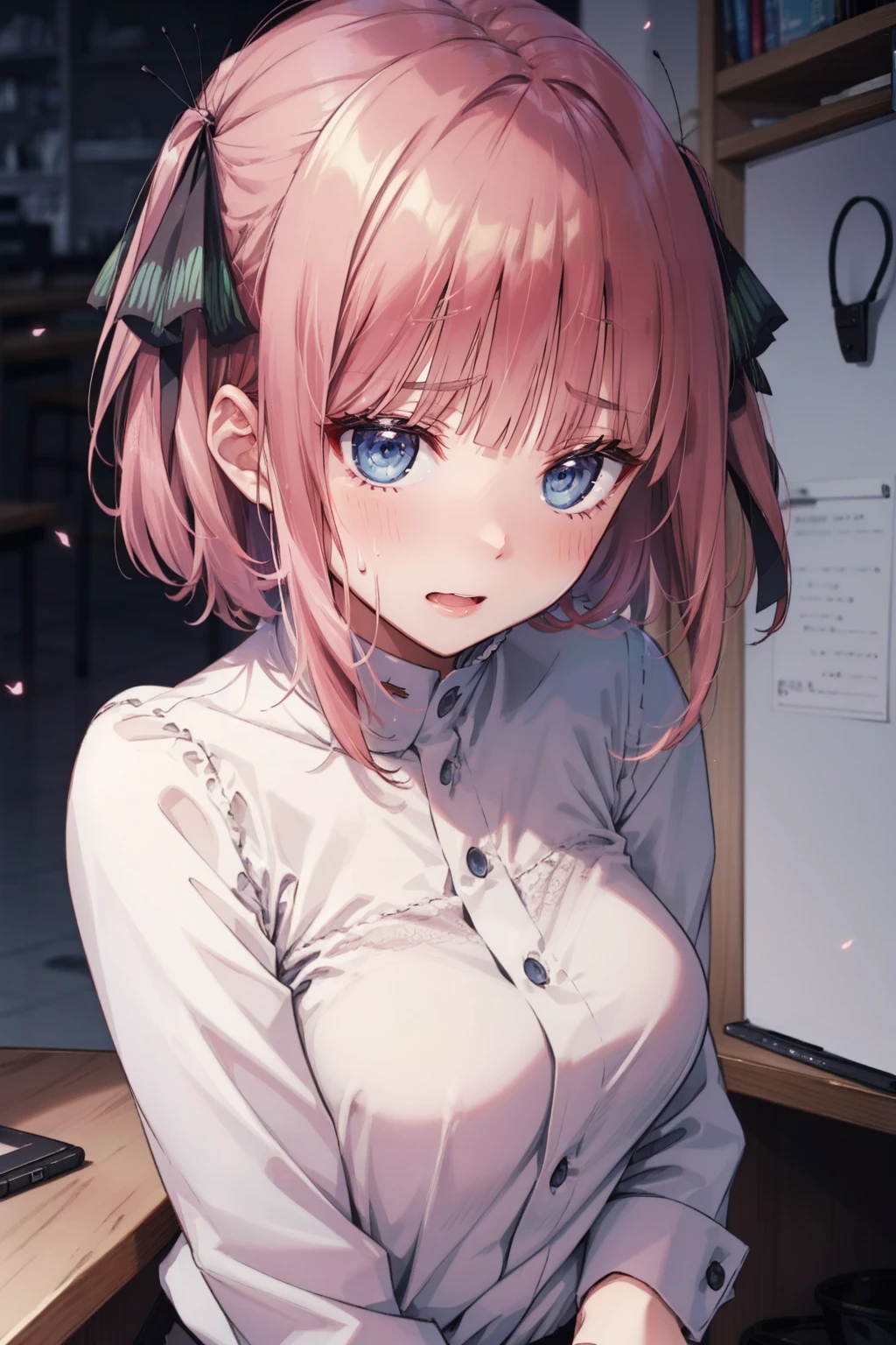 blue eyes,Highest quality,High resolution,unity 8k wallpaper,(shape:0.8),(Beautiful and detailed:1.6),Detailed face,Perfect lighting,Extremely detailed CG,(Perfect hands, Perfect Anatomy),young woman,Cut off,Show me your breasts,Browsing Caution,The Quintessential Quintuplets,Nakano Nino,classroom,Sweat,White string panties,Sweatをかいた