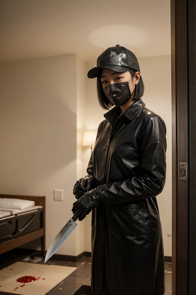 korean girl, (behind corpse, surgical mask), holding knife, stabbing, black leather gloves, room full of blood, beige trench coat, bucket hat, holding knife, black gloves, behind corpse, blood splatter, very long hair, night, mass murderer, robbery, in the hotel,