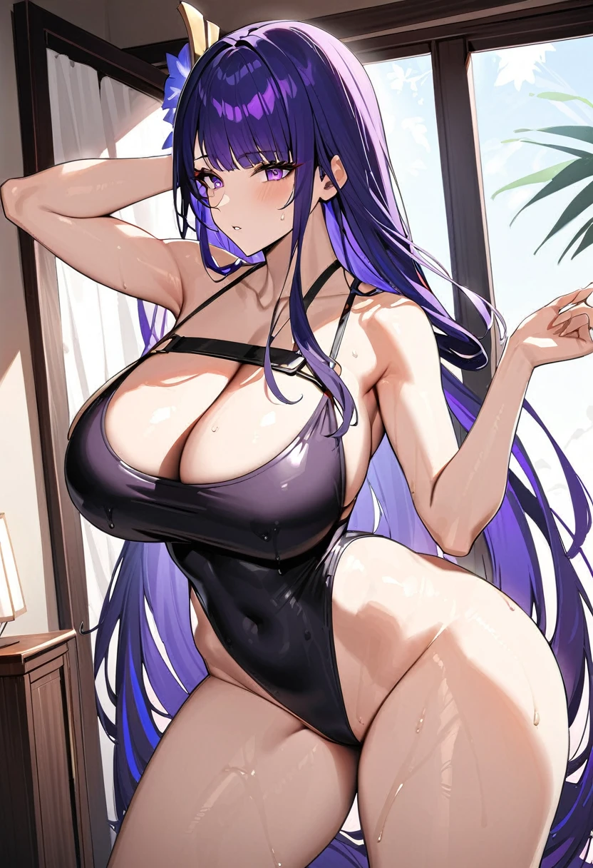 Raiden Shogun, purple hair, hair ornament,  wide hips, sexy, big breasts, bedroom, masterpiece, high quality, highres, one-piece swimsuit, posing, wet