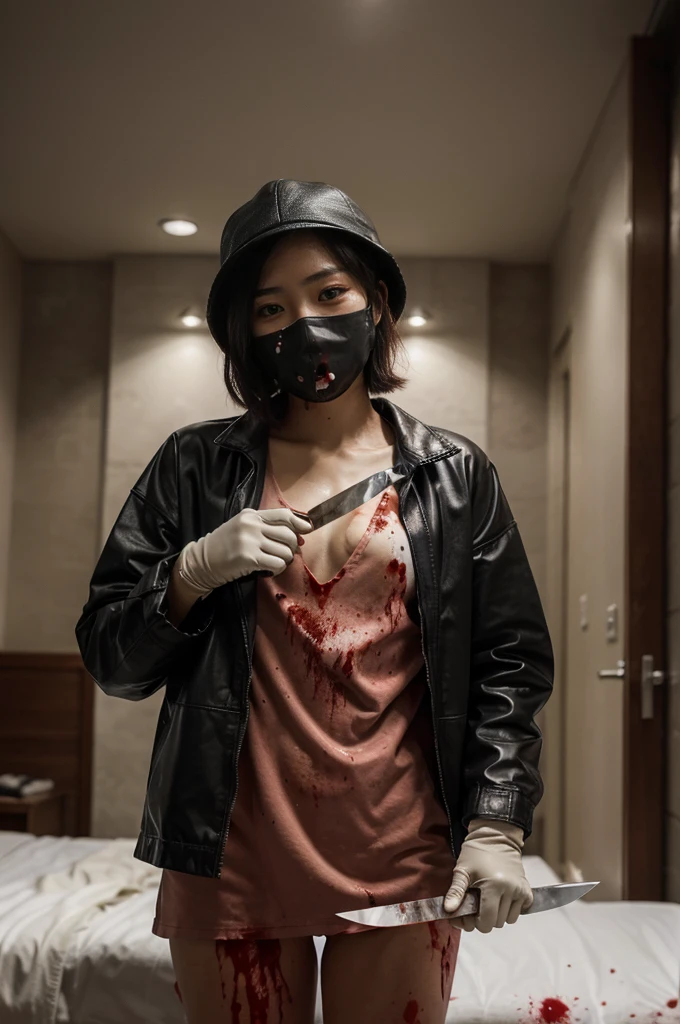 korean girl, (behind corpse, blood splatter), surgical mask, holding knife, stabbing, black raincoat, leather gloves, trucker hat, room full of blood, short hair, holding knife, leather gloves, behind corpse, night, mass murderer, robbery, in the hotel,