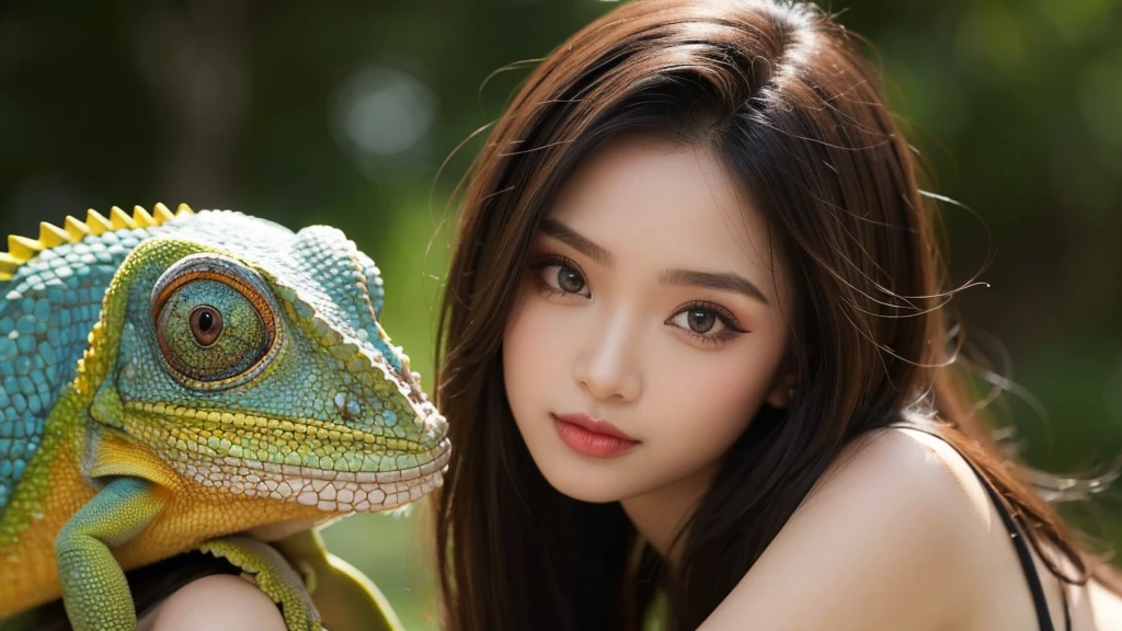 A girl with chameleon-style makeup posing gracefully、It blends in perfectly with the rich texture of Borneo's lush jungle.。, Demonstrate her uncanny ability to adapt to her surroundings. image, Resembles a museum-quality masterpiece, Vibrant colors and intricate details come to life. Every detail is carefully crafted, From the girl's enchanting chameleon-like skin, Perfectly blended with a variety of foliage, Her slender, Agile limbs, Relax on a tree branch々It is stuck at