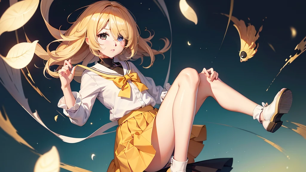 girl with yellow eyes and hair, bangs, ribbon on her head, yellow royal school clothes, stockings, 8k resolution, sky, detail