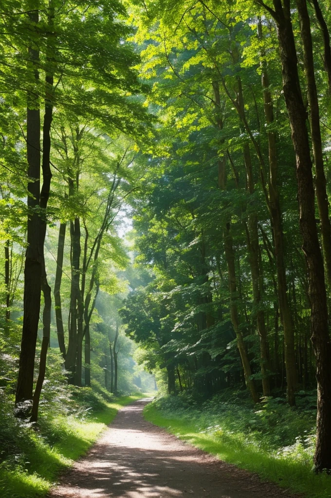 A serene forest clearing bathed in sunlight, with tall trees surrounding a grassy meadow. The sky is a clear blue with a few fluffy white clouds. Wildflowers bloom across the ground, and a gentle stream flows through the scene, reflecting the sky.”
	2.	Mystical Woodland Path
“A mystical woodland path winding through a dense forest, with towering trees and a canopy of leaves creating dappled light on the forest floor. The sky above is a vibrant blue, peeking through the gaps in the foliage. Small animals can be seen along the path, adding life to the scene.