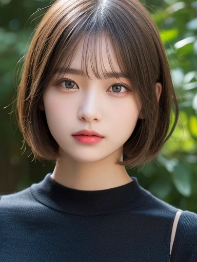 ((Browsing Caution))、(masterpiece:1.5)、(8K)、(Realistic:1.5)、RAW Photos、(Best image quality:1.4)、(Sharp focus:1.5)、 Highest quality、masterpiece、Ultra-high resolution、Perfect dynamic composition、 20-year-old、thin、Beautiful woman:1.4、Serious expression、 She is wearing a white long-sleeved knitted dress.、 Light brown hair、Bobcut、Shiny Hair、 Highly detailed face、Fine grain、double eyelid、 Natural color lip、Transparent muscle、