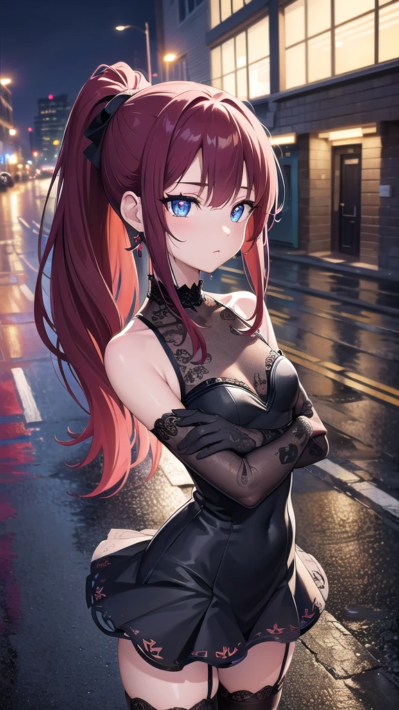 Masterpiece, top quality, best quality, official art, beautiful and aesthetic, anime, 1girl,extremely detailed, colorful, more detailed ((ultra-detailed)), (highly detailed CG illustration),Best Quality, High resolution, Unity 8k Wallpaper, (Illustration:0.8), (Beautiful detailed eyes:1.6), extra detailed face, Perfect Lighting, extremely details CG, (Perfect hands, Perfect Anatomy),city,street,night,wet road,reflections,lights,red long hair, cat ears,ponytail,blue eyes, barrette,black choker,earrings,skinny fit,medium breast,lace gloves,shoulders, small ass,red dress,cleavege,stockings, in center,staying front to camera, from above,upper body shot.