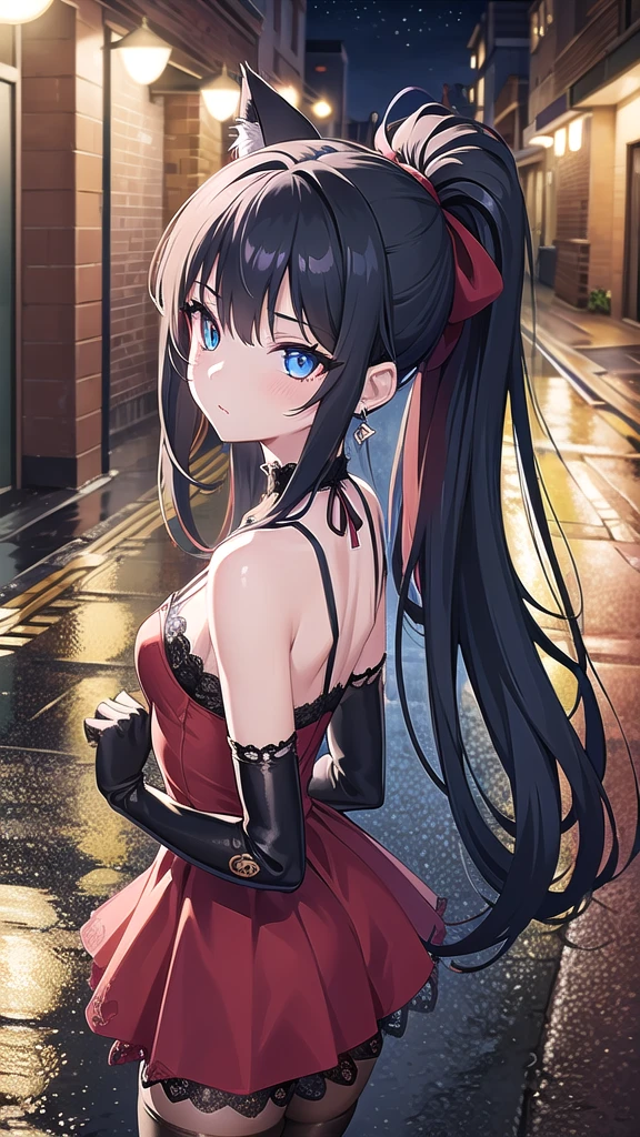 Masterpiece, top quality, best quality, official art, beautiful and aesthetic, anime, 1girl,extremely detailed, colorful, more detailed ((ultra-detailed)), (highly detailed CG illustration),Best Quality, High resolution, Unity 8k Wallpaper, (Illustration:0.8), (Beautiful detailed eyes:1.6), extra detailed face, Perfect Lighting, extremely details CG, (Perfect hands, Perfect Anatomy),city,street,night,wet road,reflections,lights,red long hair, cat ears,ponytail,blue eyes, barrette,black choker,earrings,skinny fit,medium breast,lace gloves,shoulders, small ass,red dress,cleavege,stockings, in center,staying front to camera, from above,upper body shot.