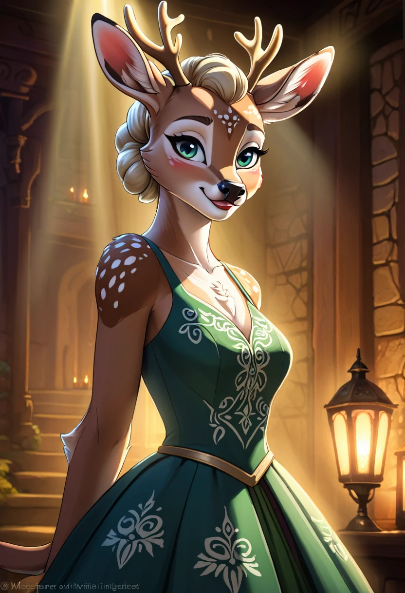 Create an illustrated, hand-drawn, full-color image of an anthropomorphic deer women. The artwork should be rendered in the style of "Breath of the Wild," featuring warm lighting and shadows. Include graphite shading, stencil marks, and airbrushed acrylic paint effects. dress. The image should be of the highest quality, a masterpiece with intricate details. The deer women should have a female, humanoid, furry appearance with grey skin. She should have luscious lips, a wide smile, and bright, expressive eyes, exuding beauty, cuteness, and adorableness. Ensure the image is high resolution and sharply detailed, with a detailed and vibrant background. Incorporate mystical lighting in the background, creating a romantic and enchanting atmosphere.
