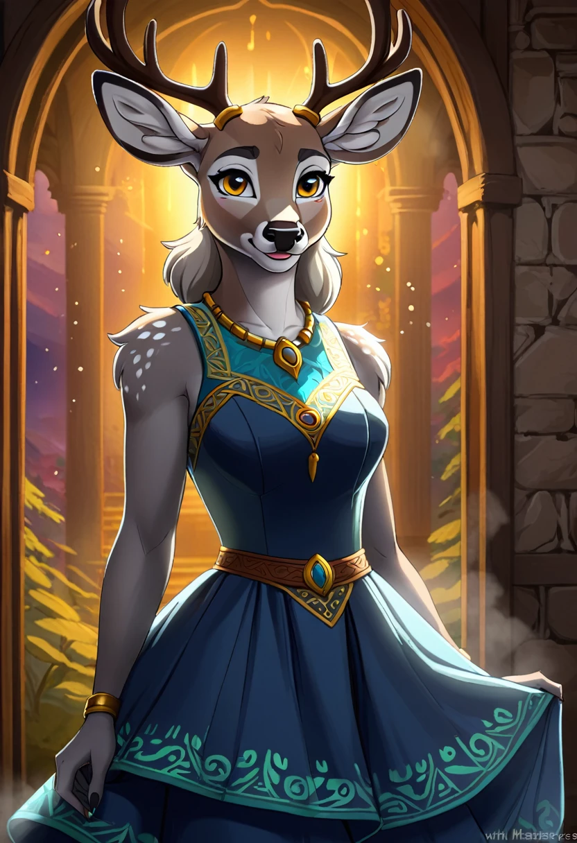 Create an illustrated, hand-drawn, full-color image of an anthropomorphic deer women. The artwork should be rendered in the style of "Breath of the Wild," featuring warm lighting and shadows. Include graphite shading, stencil marks, and airbrushed acrylic paint effects. dress. The image should be of the highest quality, a masterpiece with intricate details. The deer women should have a female, humanoid, furry appearance with grey skin. She should have luscious lips, a wide smile, and bright, expressive eyes, exuding beauty, cuteness, and adorableness. Ensure the image is high resolution and sharply detailed, with a detailed and vibrant background. Incorporate mystical lighting in the background, creating a romantic and enchanting atmosphere.
