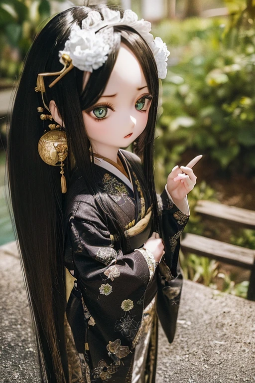 photorealistic, realistic photo, ((highest quality)), ((masterpiece)), (extremely detailed), kukolnydom, doll, (mature woman, 22yo, 22 years old:1.6), solo, ((eye level shot, standing, skinny, slender, slim, parted lips)), green eyes, almond eyes, (black hair, long hair, looking at another, blank eyes, empty eyes, detailed eyes, detailed face:1.3), long kimono, hair ornament, Japanese garden, 8k