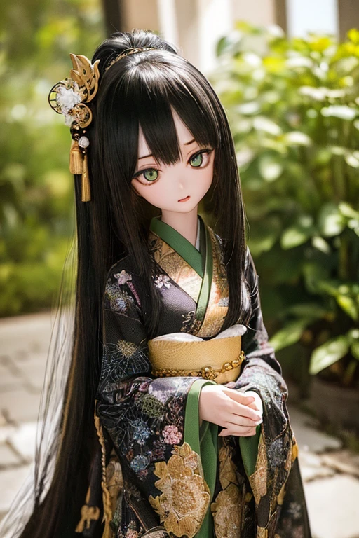 photorealistic, realistic photo, ((highest quality)), ((masterpiece)), (extremely detailed), kukolnydom, doll, (mature woman, 22yo, 22 years old:1.6), solo, ((eye level shot, standing, skinny, slender, slim, parted lips)), green eyes, almond eyes, (black hair, long hair, looking at another, blank eyes, empty eyes, detailed eyes, detailed face:1.3), long kimono, hair ornament, Japanese garden, 8k