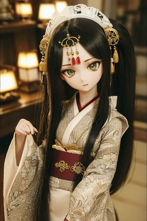 photorealistic, realistic photo, ((highest quality)), ((masterpiece)), (extremely detailed), kukolnydom, doll, (mature woman, 22yo, 22 years old:1.6), solo, ((eye level shot, standing, skinny, slender, slim, parted lips)), green eyes, almond eyes, (black hair, long hair, looking at another, blank eyes, empty eyes, detailed eyes, detailed face:1.3), long kimono, hair ornament, Japanese garden, 8k