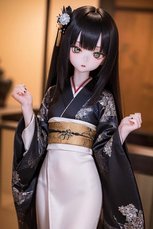 photorealistic, realistic photo, ((highest quality)), ((masterpiece)), (extremely detailed), kukolnydom, doll, (mature woman, 22yo, 22 years old:1.6), solo, ((eye level shot, standing, skinny, slender, slim, parted lips)), green eyes, almond eyes, (black hair, long hair, looking at another, blank eyes, empty eyes, detailed eyes, detailed face:1.3), long kimono, hair ornament, Japanese garden, 8k